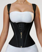 PLERIVA Double Waistband Corset Shaping Vest in Black, close-up of the front hooks and zipper