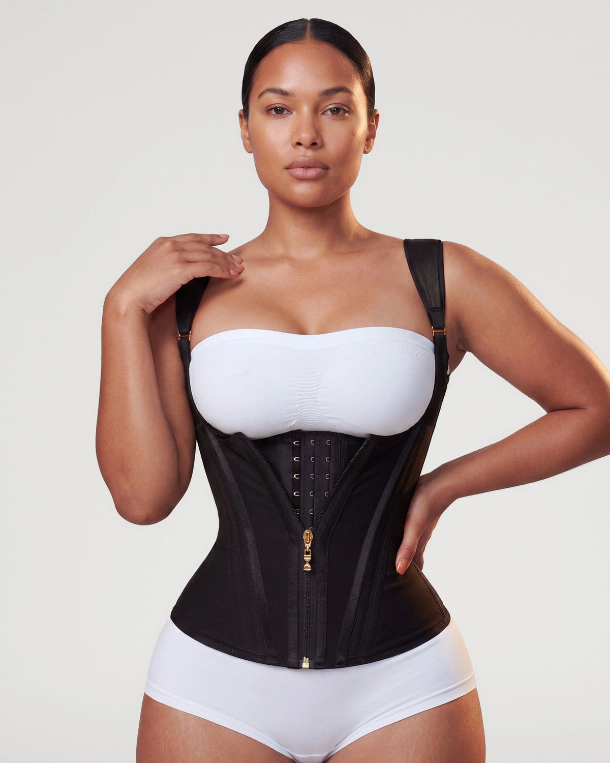 PLERIVA Double Waistband Corset Shaping Vest in Black, front view on model