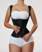 PLERIVA Double Waistband Corset Shaping Vest in Black, front view while fastening the zipper