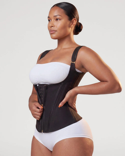 PLERIVA Double Waistband Corset Shaping Vest in Black, three-quarter view on model