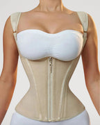 PLERIVA Double Waistband Corset Shaping Vest in Nude, front close-up on model
