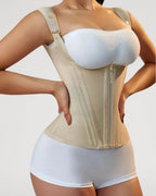 PLERIVA Double Waistband Corset Shaping Vest in Nude, three-quarter view on model