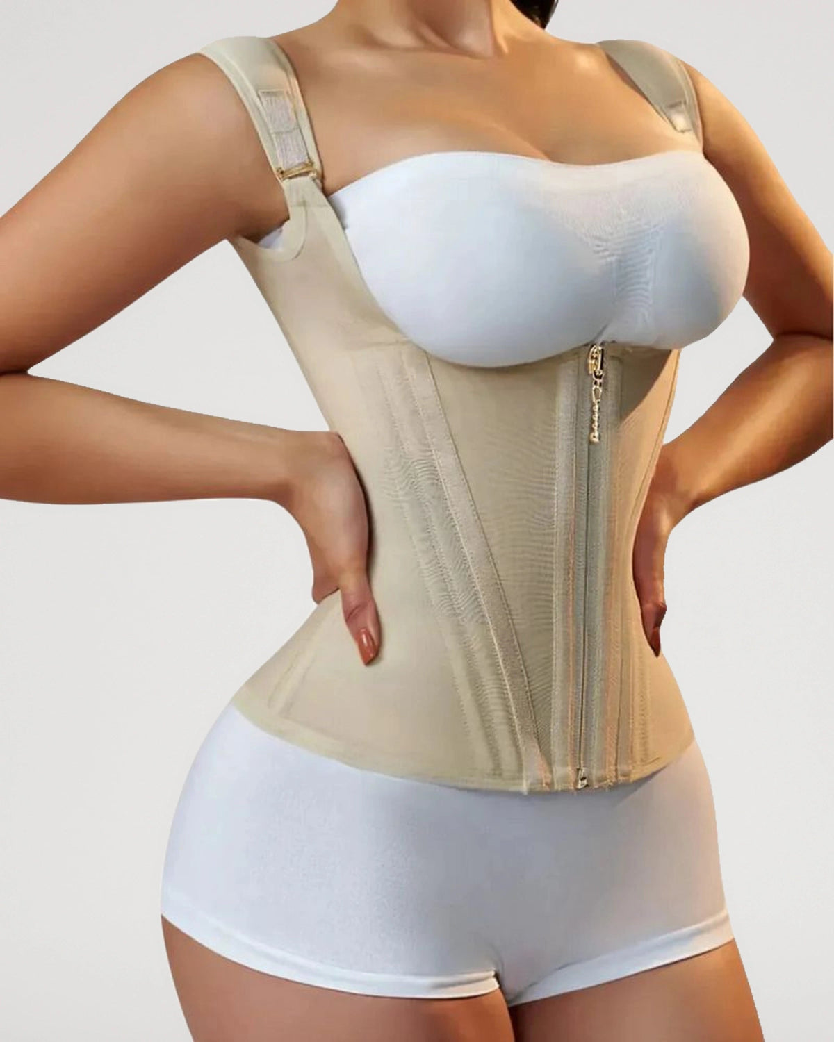 PLERIVA Double Waistband Corset Shaping Vest in Nude, three-quarter view on model