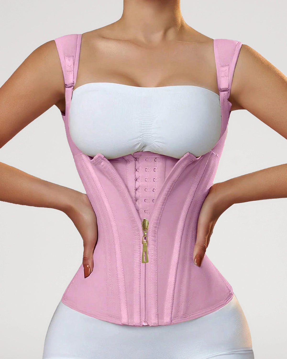 PLERIVA Double Waistband Corset Shaping Vest in Pink, front close-up on model