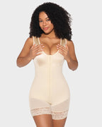 PLERIVA Extra Firm Full Body Post Surgery Shaper in Beige, front view on model adjusting the straps