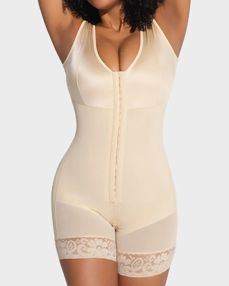 PLERIVA Extra Firm Full Body Post Surgery Shaper in Beige, close-up of the front hook closure