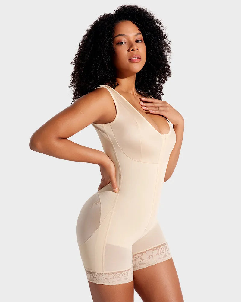 PLERIVA Extra Firm Full Body Post Surgery Shaper in Beige, side view on model
