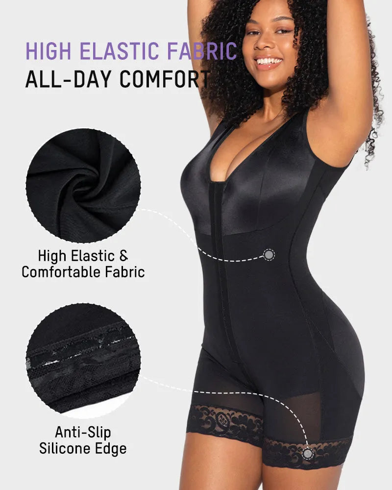 PLERIVA Extra Firm Full Body Post Surgery Shaper in Black, stretch fabric and anti-slip silicone leg edge