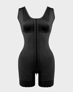 PLERIVA Extra Firm Full Body Post Surgery Shaper in Black, front flat lay with hook-and-eye closure