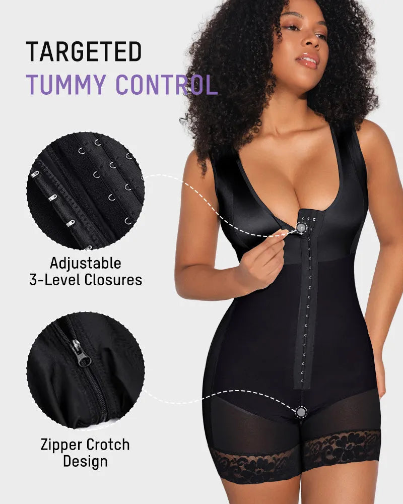 PLERIVA Extra Firm Full Body Post Surgery Shaper in Black, adjustable 3-level hook closure and zipper crotch