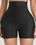 PLERIVA High Waist Padded Sculpting Shorts in Black, front view on model