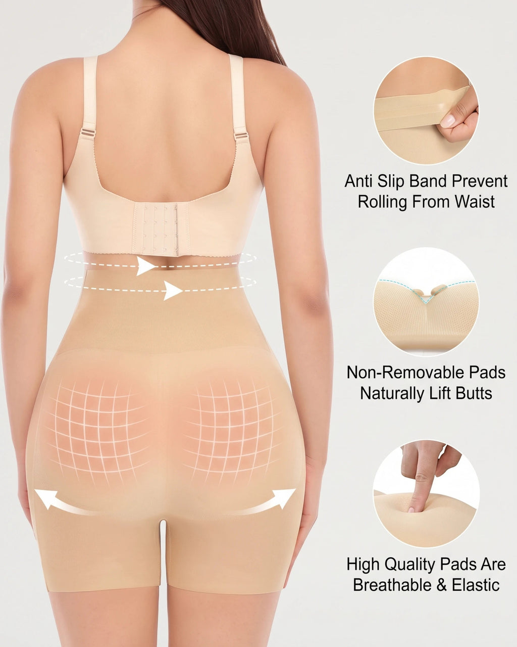 PLERIVA High Waist Padded Sculpting Shorts in Nude, anti-slip waistband and breathable pad details