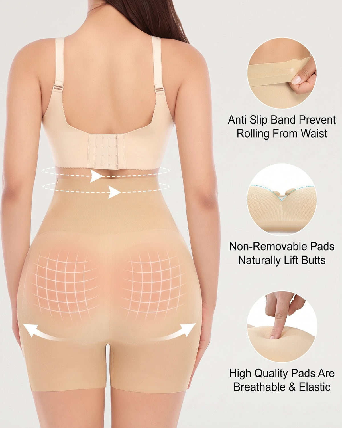PLERIVA High Waist Padded Sculpting Shorts in Nude, anti-slip waistband and breathable pad details
