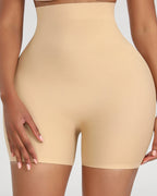PLERIVA High Waist Padded Sculpting Shorts in Nude, front view on model