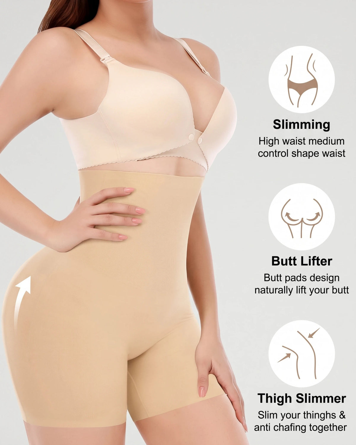 PLERIVA High Waist Padded Sculpting Shorts in Nude, waist, butt and thigh shaping features