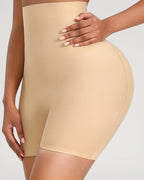 PLERIVA High Waist Padded Sculpting Shorts in Nude, side view on model