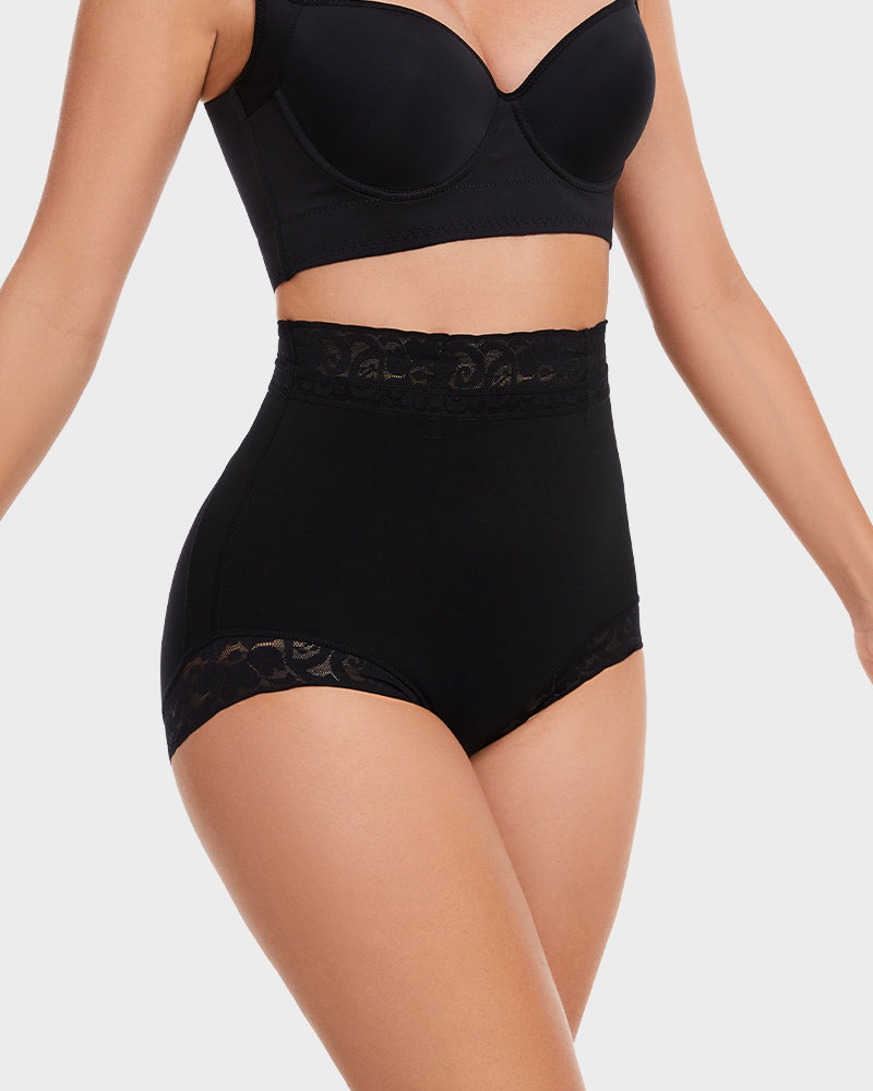 PLERIVA High Waist Tummy Control Lift Briefs in Black, side view on model