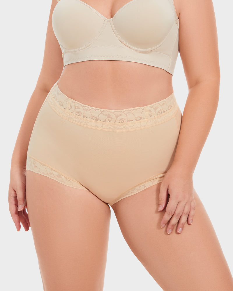 PLERIVA High Waist Tummy Control Lift Briefs in Nude, front view on model