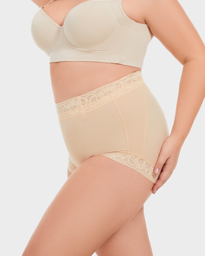 PLERIVA High Waist Tummy Control Lift Briefs in Nude, side view on model