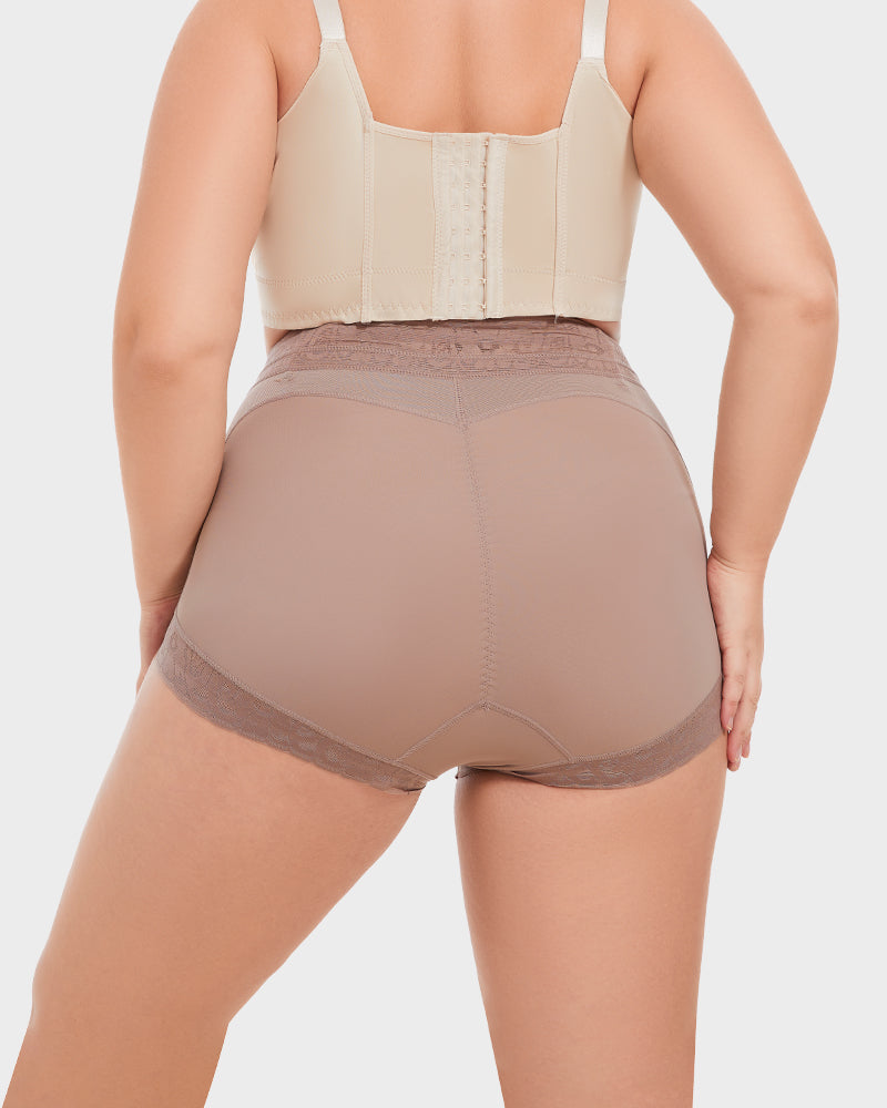 PLERIVA High Waist Tummy Control Lift Briefs in Purple, back view on model