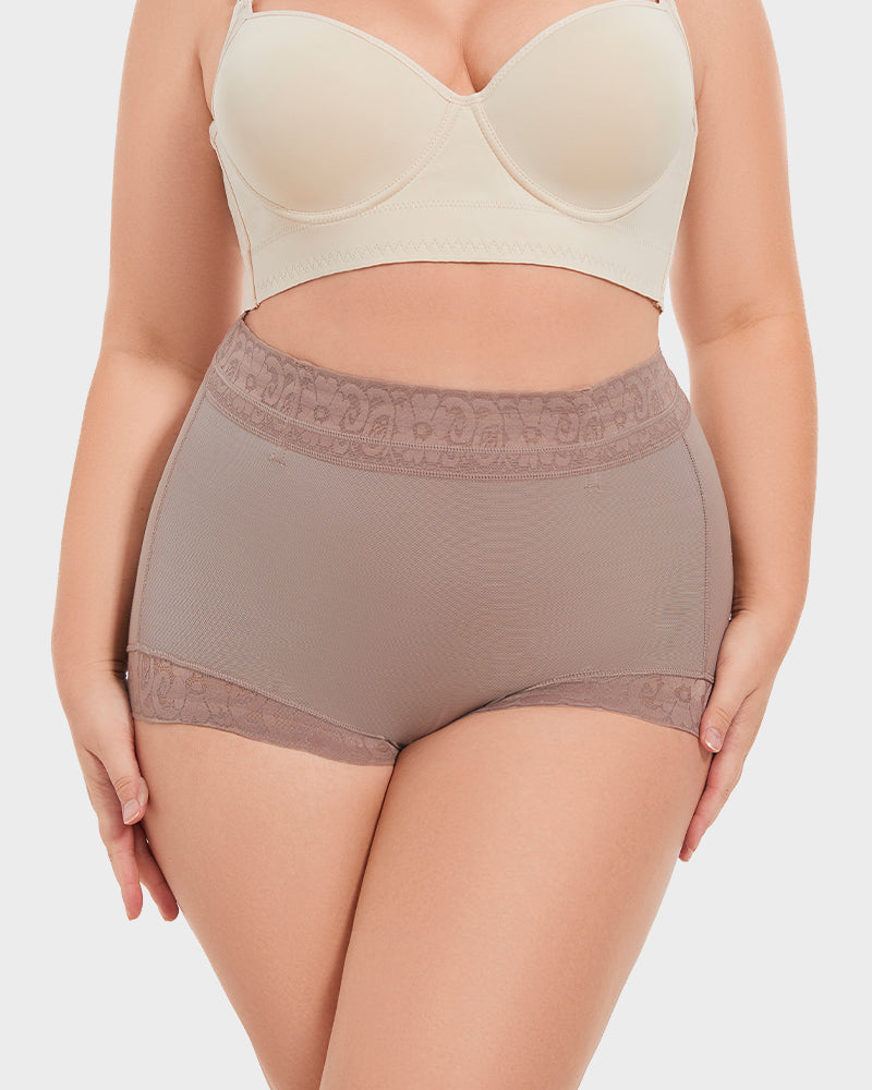 PLERIVA High Waist Tummy Control Lift Briefs in Purple, front view on model