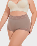 PLERIVA High Waist Tummy Control Lift Briefs in Purple, side view on model