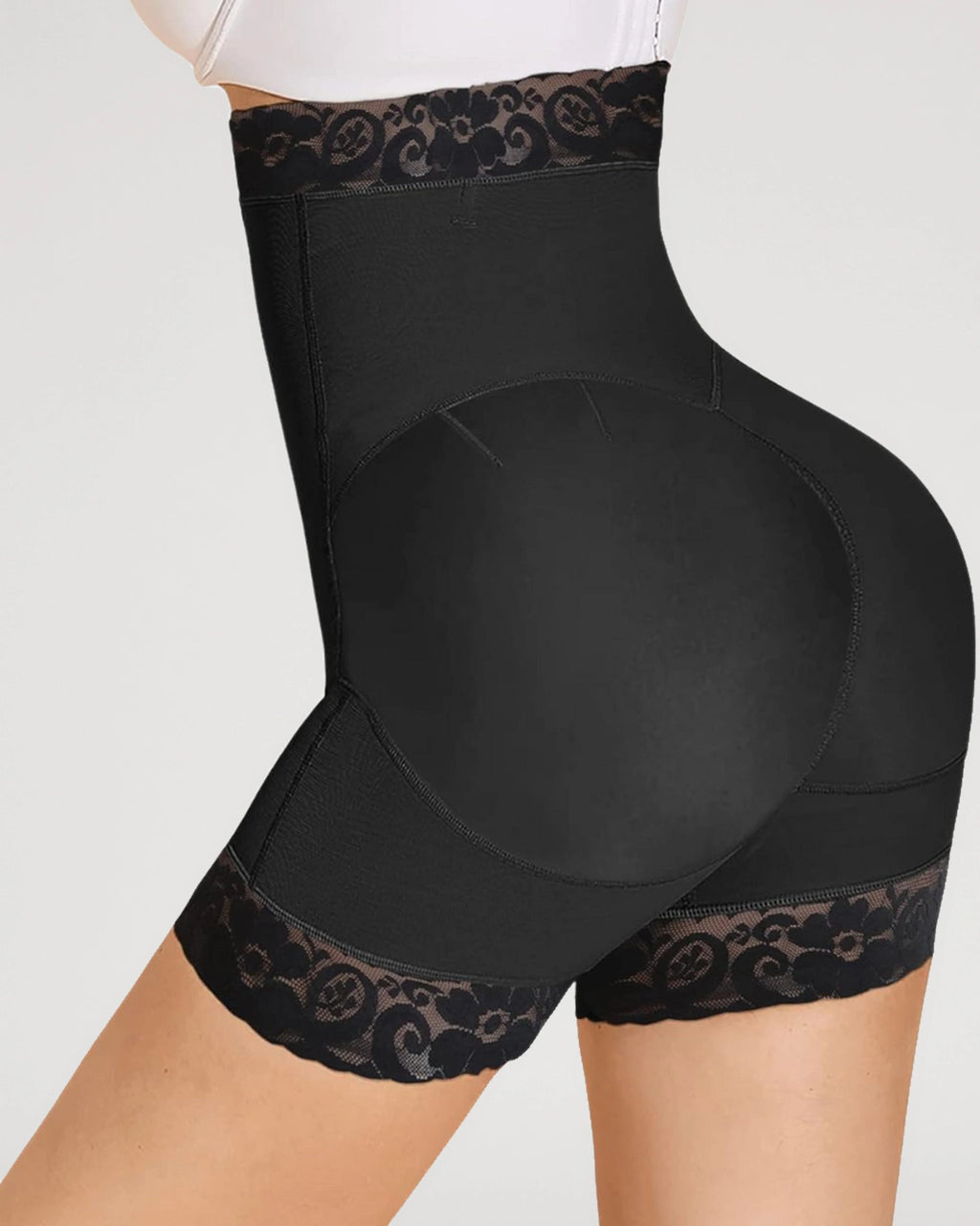 PLERIVA High Waist Tummy Control Sculpting Shorts in Black, back three-quarter close-up of the shorts