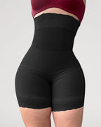 PLERIVA High Waist Tummy Control Sculpting Shorts in Black, front close-up of the shorts