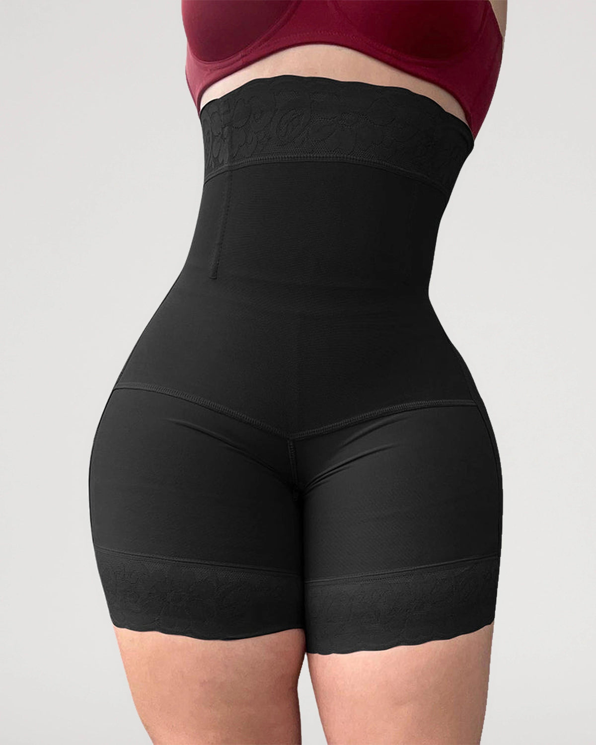 PLERIVA High Waist Tummy Control Sculpting Shorts in Black, front close-up of the shorts