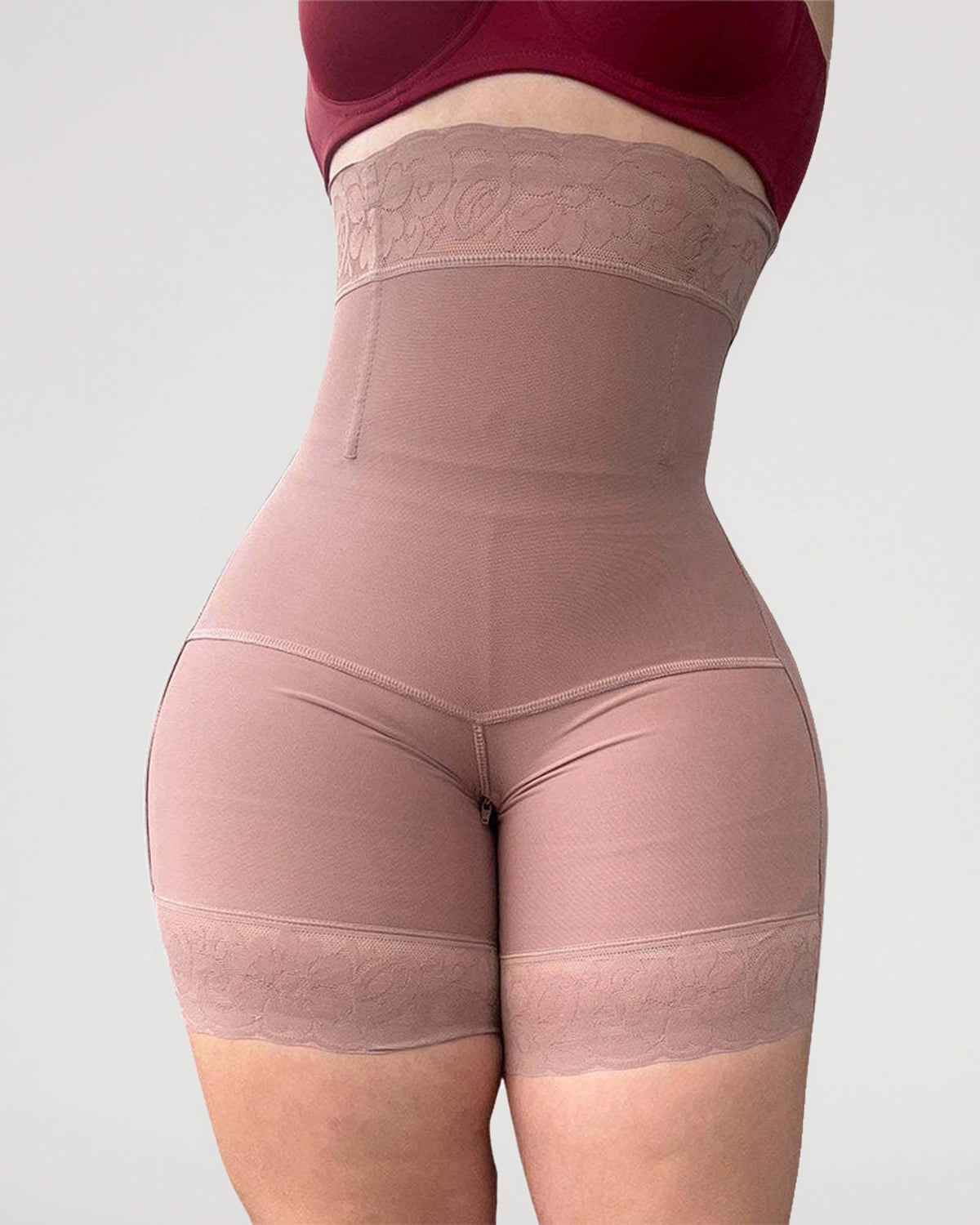 PLERIVA High Waist Tummy Control Sculpting Shorts in Light purple, front close-up of the shorts