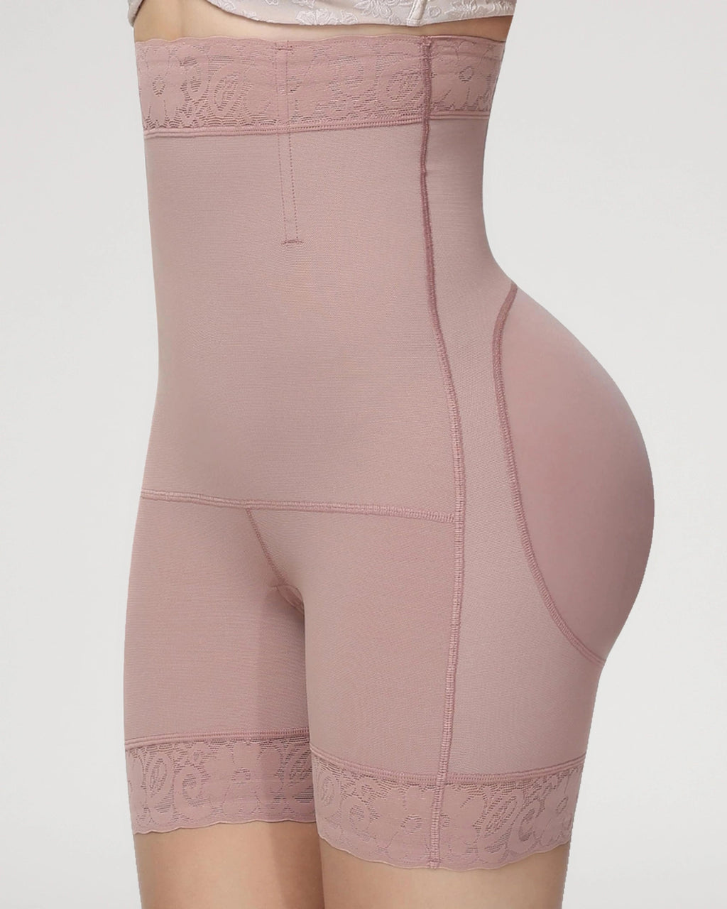 PLERIVA High Waist Tummy Control Sculpting Shorts in Light purple, side view of the shorts