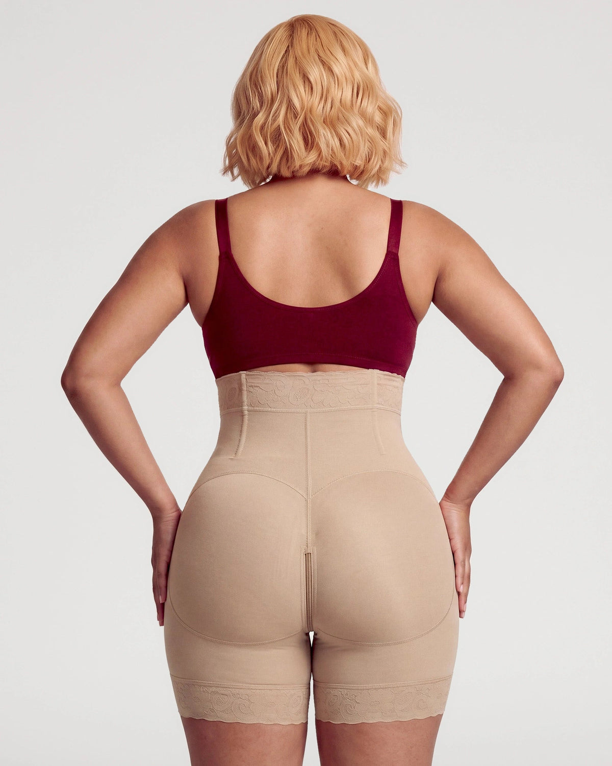 PLERIVA High Waist Tummy Control Sculpting Shorts in Nude, back view on model