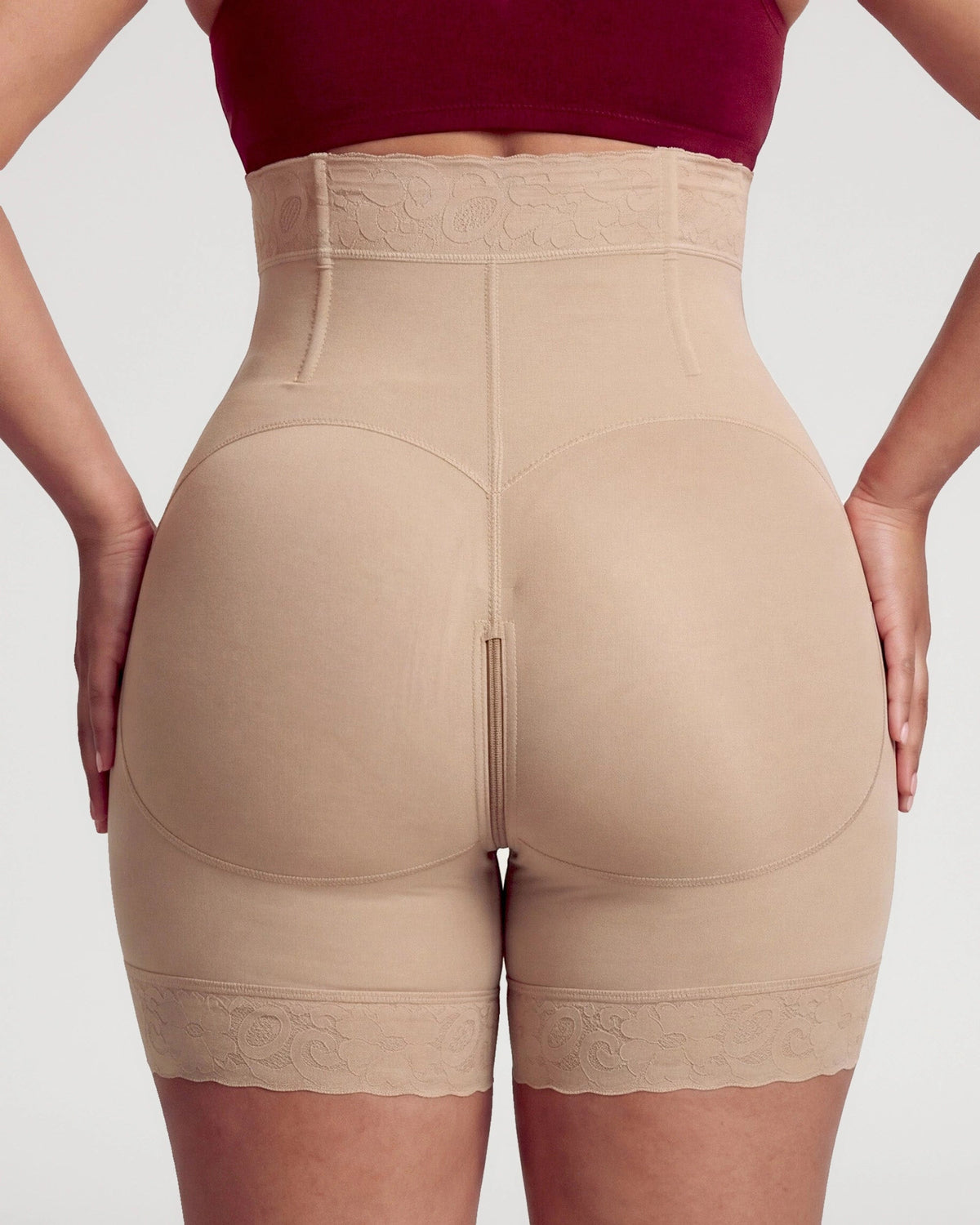 PLERIVA High Waist Tummy Control Sculpting Shorts in Nude, close-up of the butt-lifting back