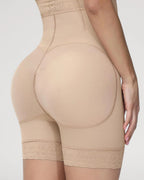 PLERIVA High Waist Tummy Control Sculpting Shorts in Nude, side close-up of the butt-lifting back