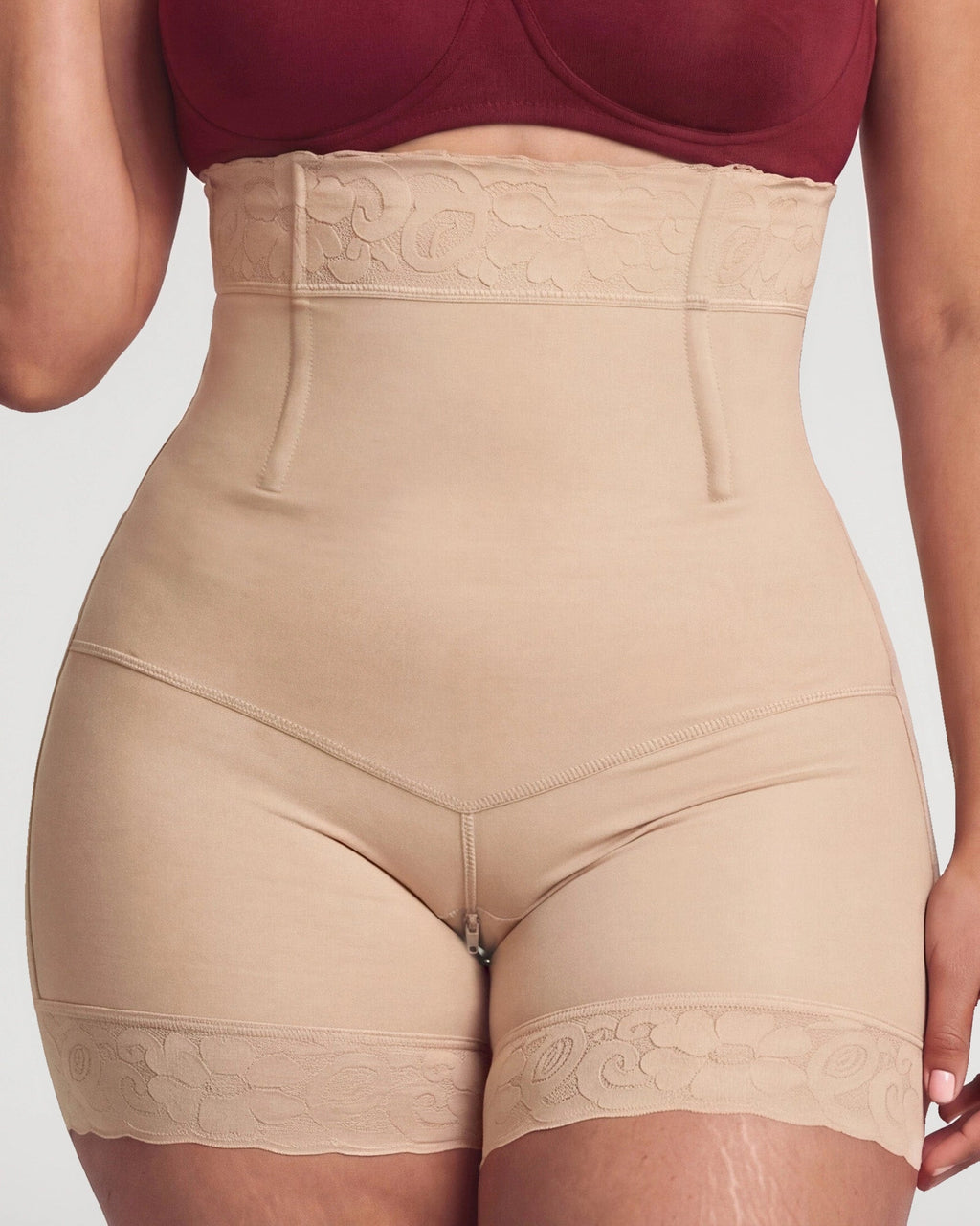 PLERIVA High Waist Tummy Control Sculpting Shorts in Nude, close-up of the high waist and lace hem