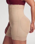 PLERIVA High Waist Tummy Control Sculpting Shorts in Nude, side close-up of the shorts