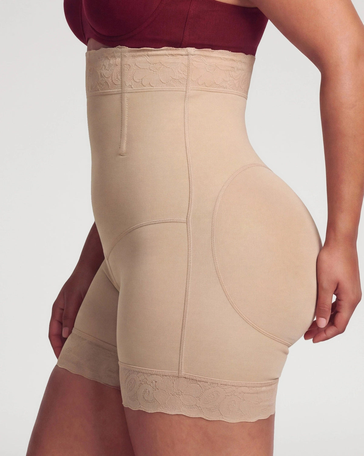 PLERIVA High Waist Tummy Control Sculpting Shorts in Nude, side close-up of the shorts