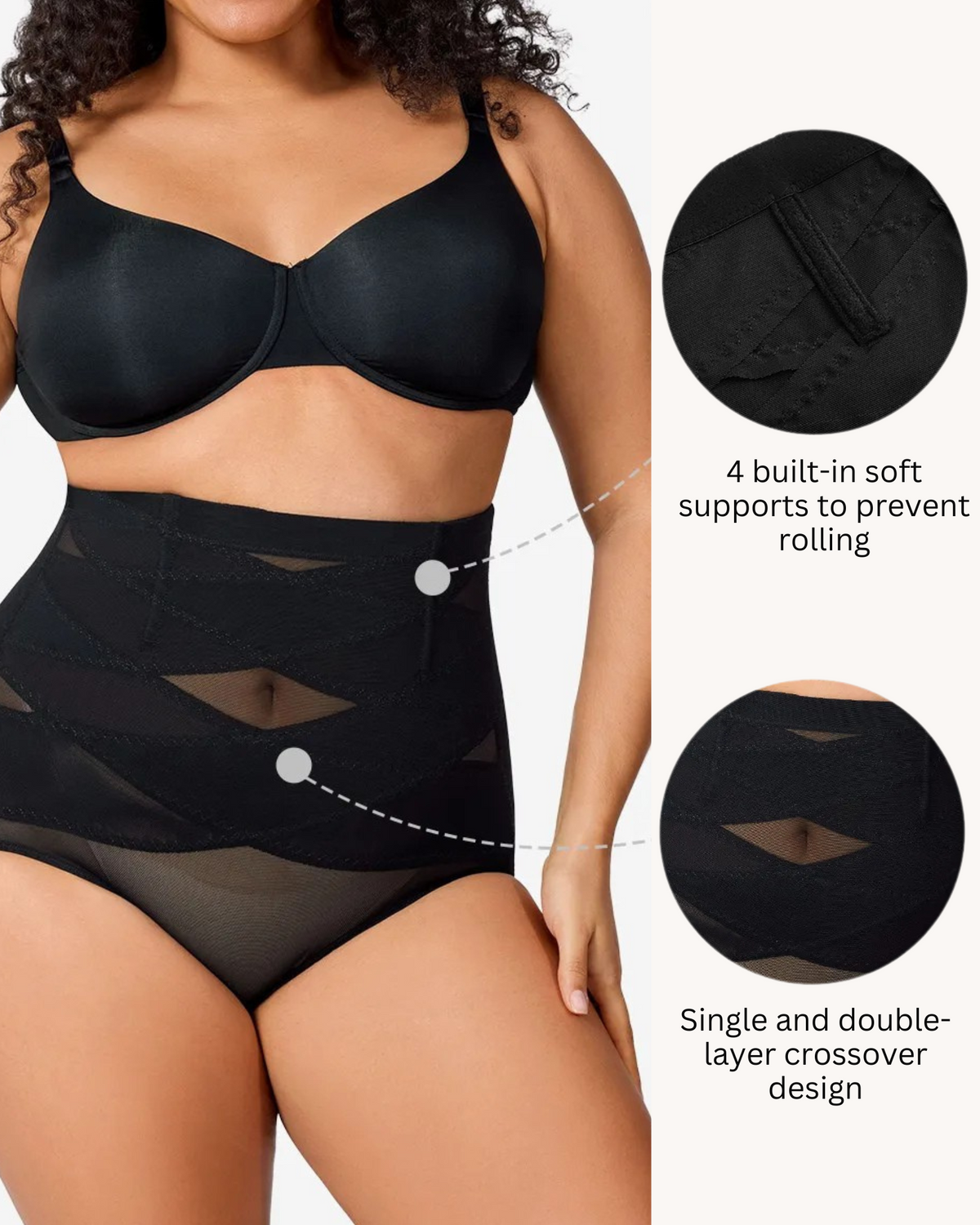 PLERIVA High Waist Tummy Control Shaping Briefs in Black, close-ups of the built-in supports and crossover layers