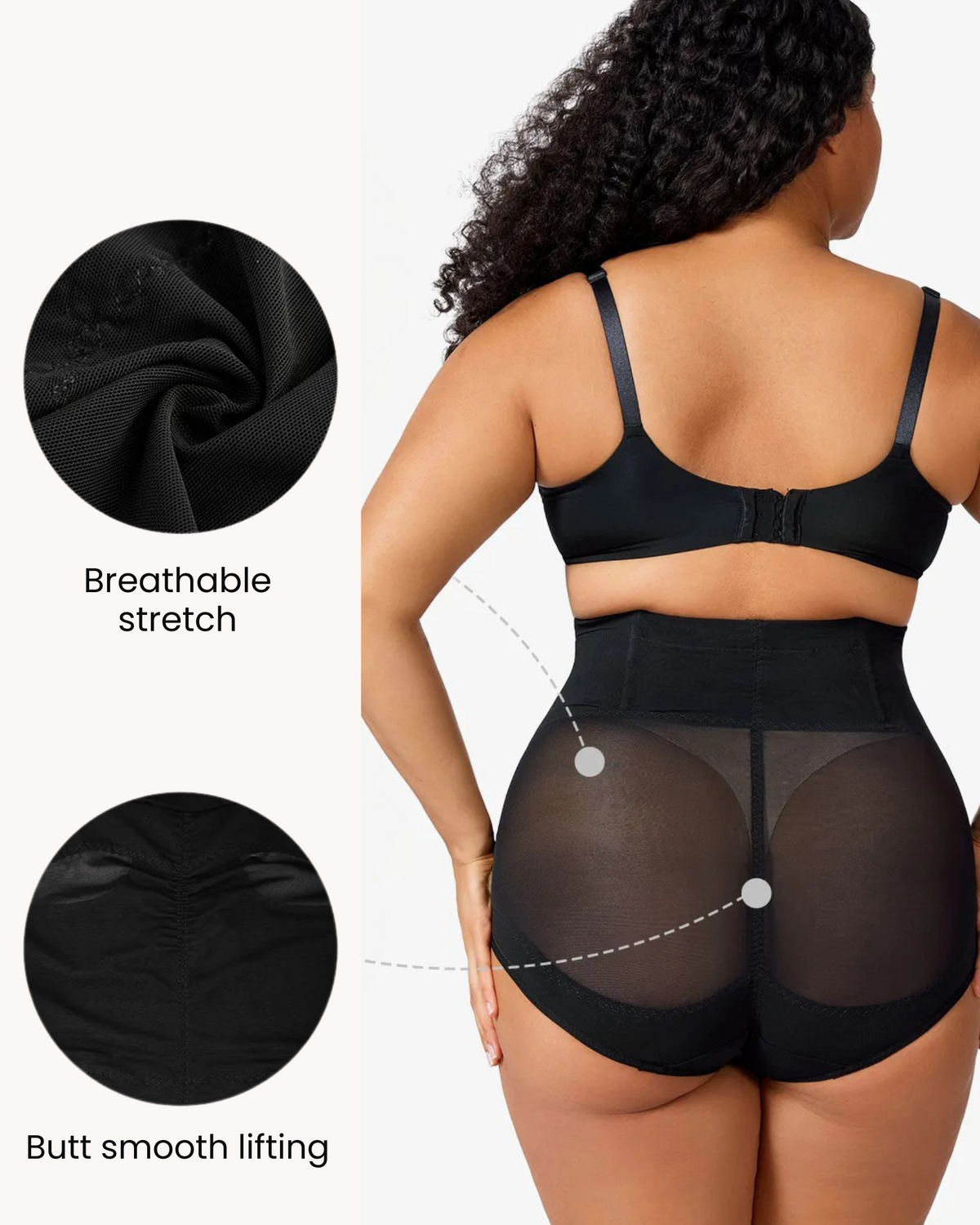 PLERIVA High Waist Tummy Control Shaping Briefs in Black, close-ups of the stretch fabric and rear view