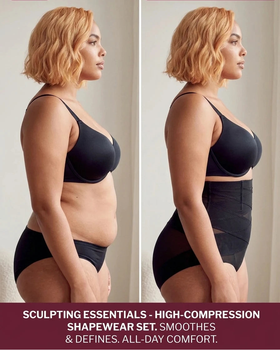 PLERIVA High Waist Tummy Control Shaping Briefs in Black, before and after comparison, side view