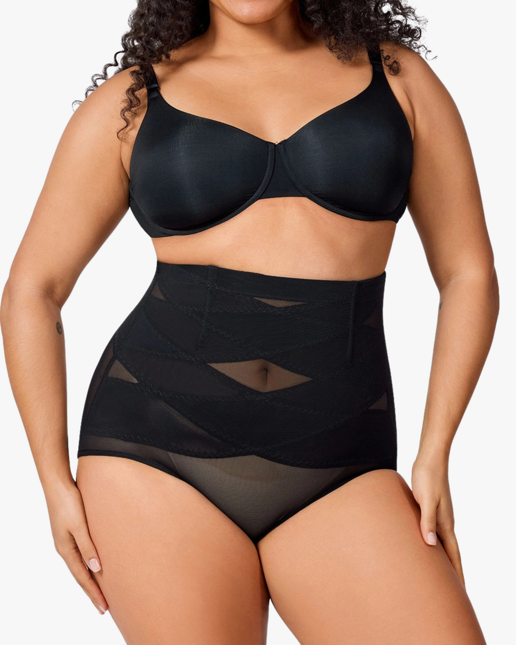 PLERIVA High Waist Tummy Control Shaping Briefs in Black, front view showing the crossover panels