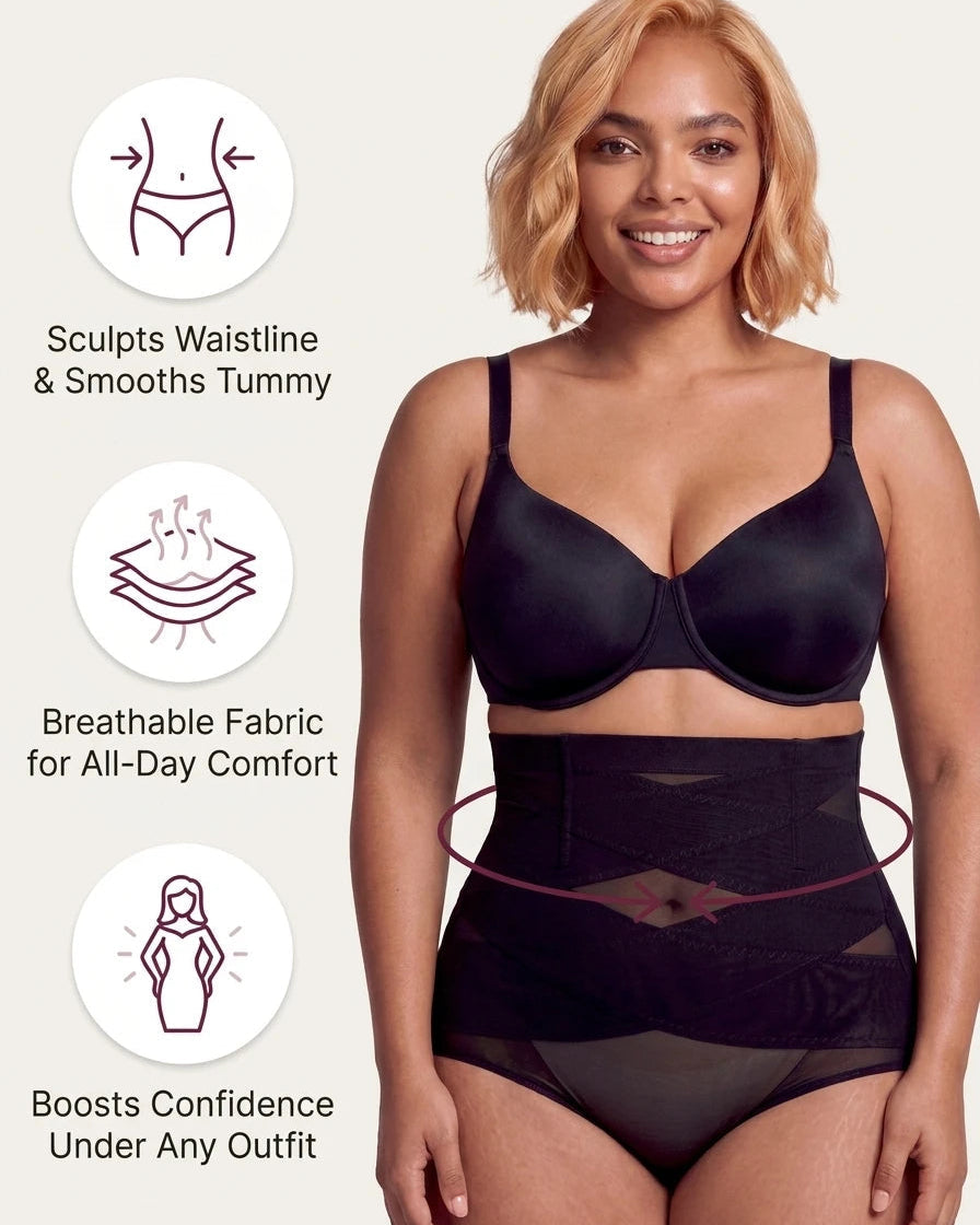 PLERIVA High Waist Tummy Control Shaping Briefs in Black, front view with feature icons