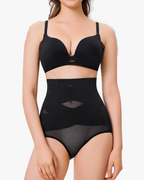 PLERIVA High Waist Tummy Control Shaping Briefs in Black, front view on a second model