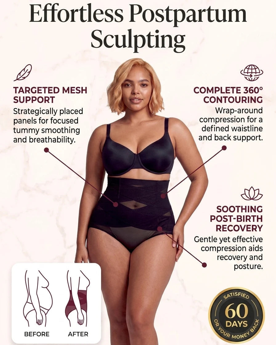 PLERIVA High Waist Tummy Control Shaping Briefs in Black, feature graphic of the mesh support and 360-degree contouring