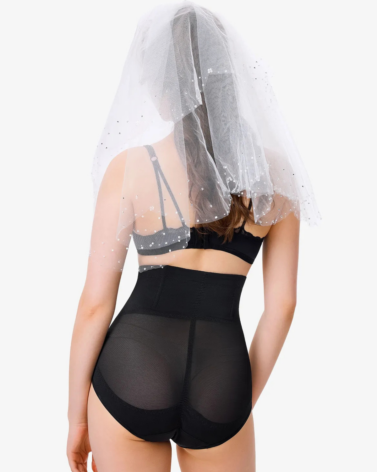 PLERIVA High Waist Tummy Control Shaping Briefs in Black, back view worn under a bridal veil