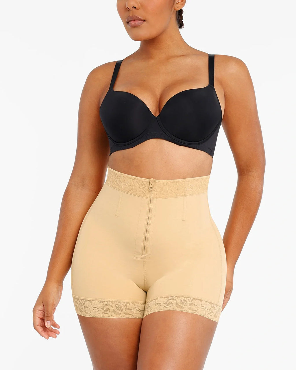 PLERIVA Lace Steel Boned Tummy Control Shorts in Beige, front view on model