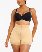 PLERIVA Lace Steel Boned Tummy Control Shorts in Beige, front view on model