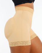 PLERIVA Lace Steel Boned Tummy Control Shorts in Beige, side close-up of the shorts