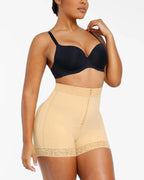 PLERIVA Lace Steel Boned Tummy Control Shorts in Beige, three-quarter view on model