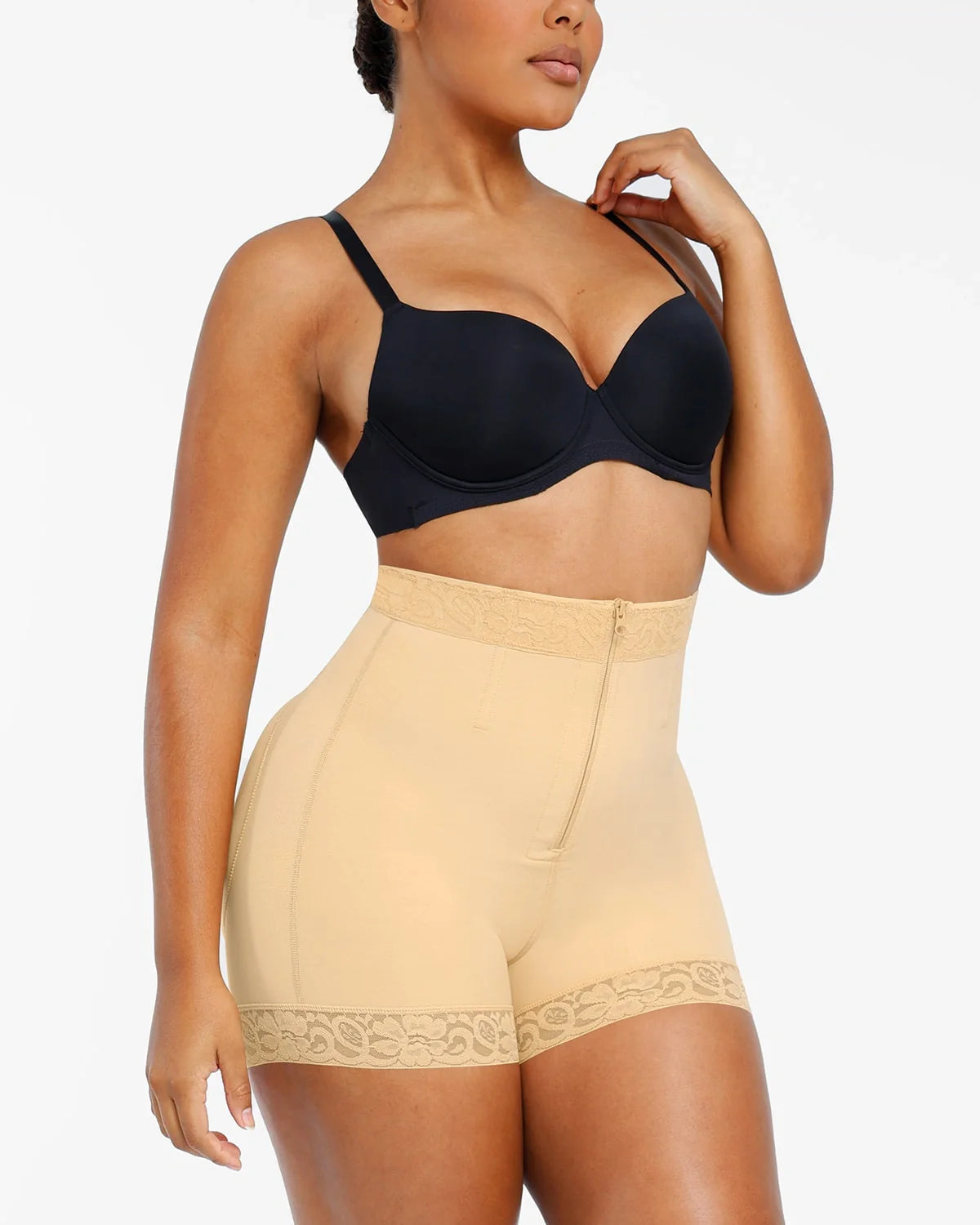 PLERIVA Lace Steel Boned Tummy Control Shorts in Beige, three-quarter view on model